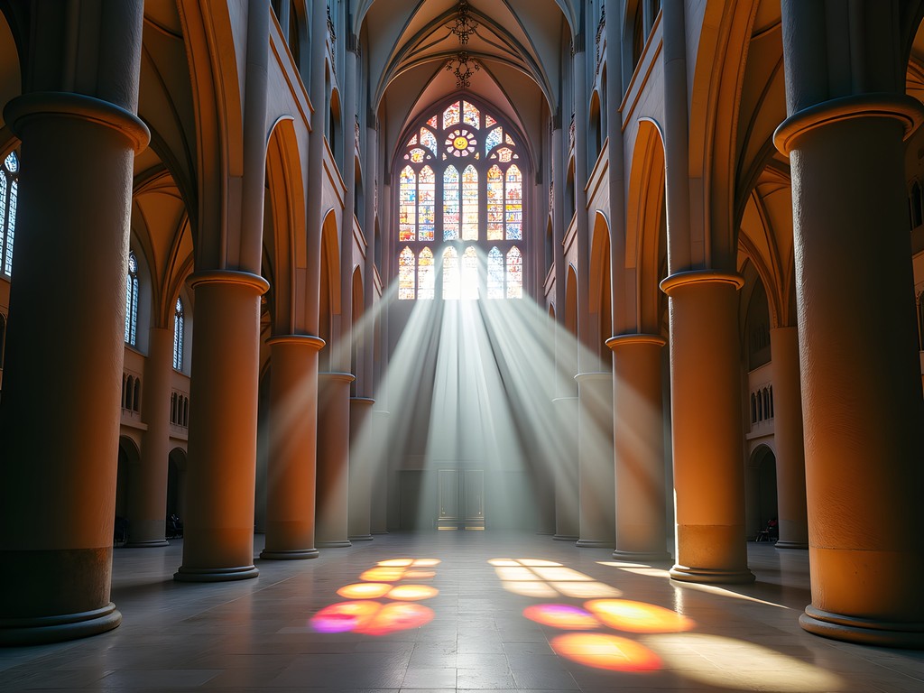 Morning light streaming through stained glass windows in La Sagrada Familia