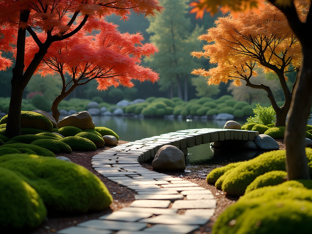 Tranquil Japanese garden with stone pathway and maple trees at Bellevue Botanical Garden