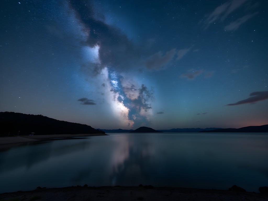 Milky Way visible over Lake Balaton at night with silhouettes of hills