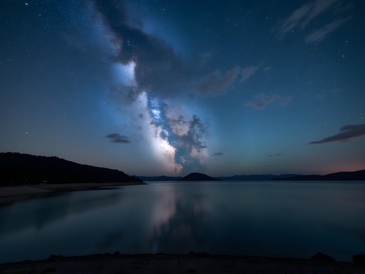 Milky Way visible over Lake Balaton at night with silhouettes of hills