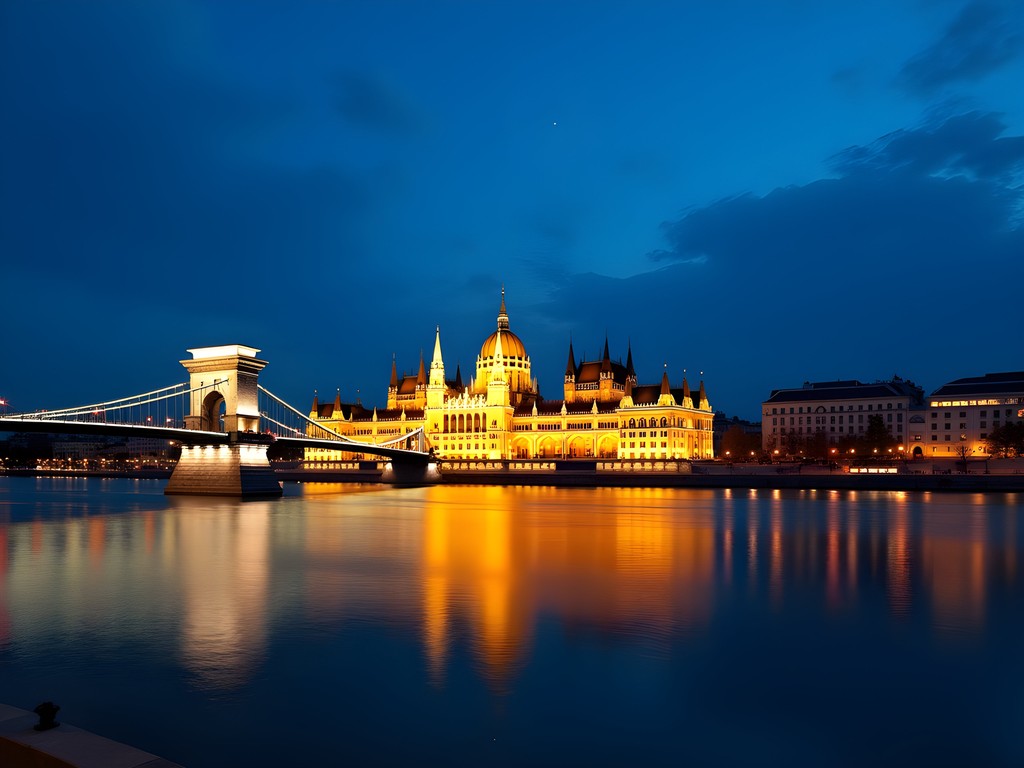 Illuminated Budapest skyline at night with the Chain Bridge and Parliament building
