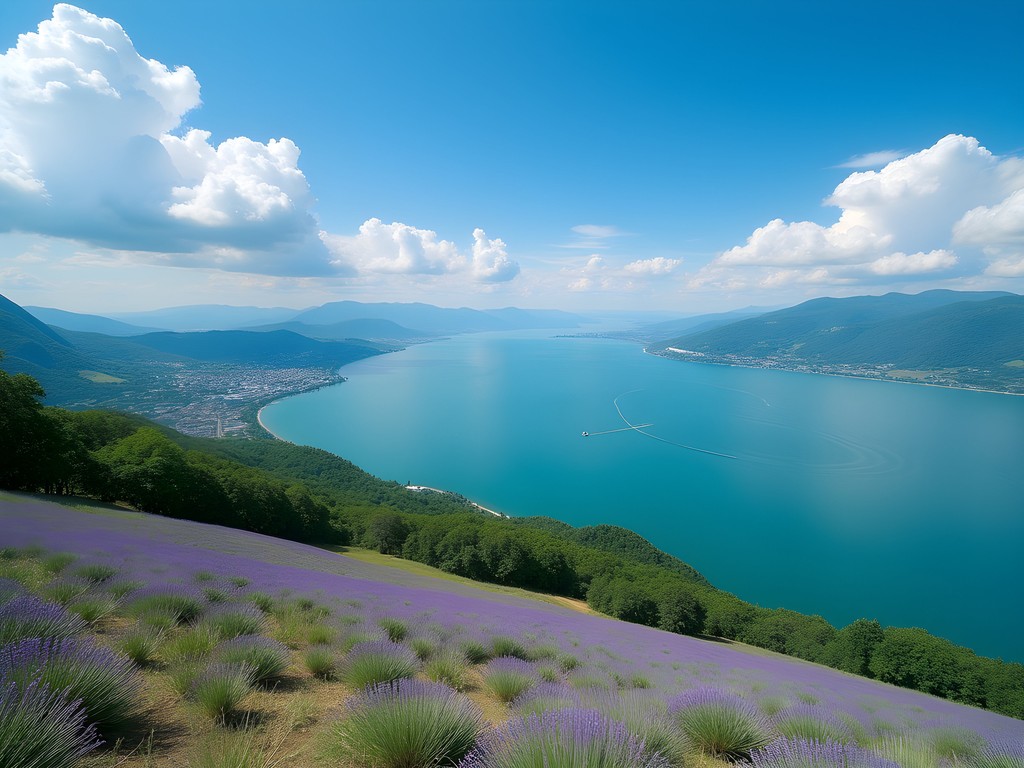 Panoramic view of Lake Balaton from Tihany Abbey with lavender fields in foreground