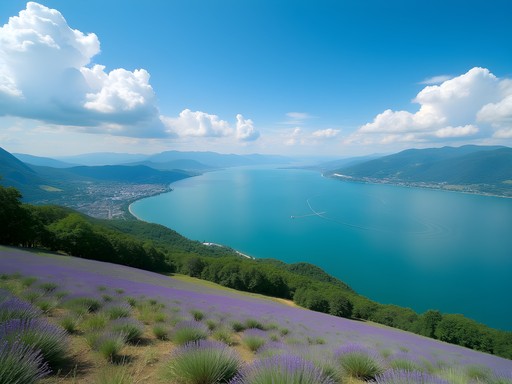Panoramic view of Lake Balaton from Tihany Abbey with lavender fields in foreground