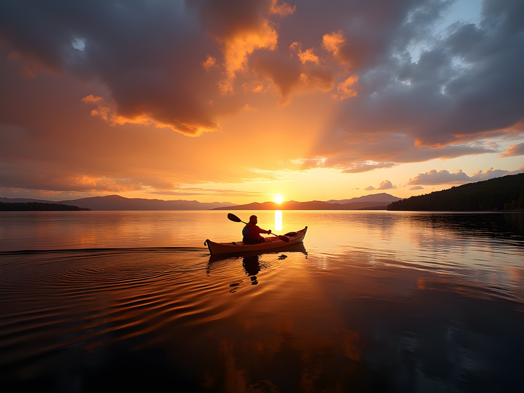 Solo kayaker on Lake Champlain with Burlington skyline and dramatic sunset