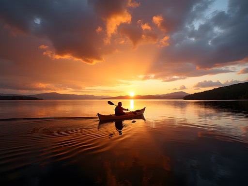 Solo kayaker on Lake Champlain with Burlington skyline and dramatic sunset