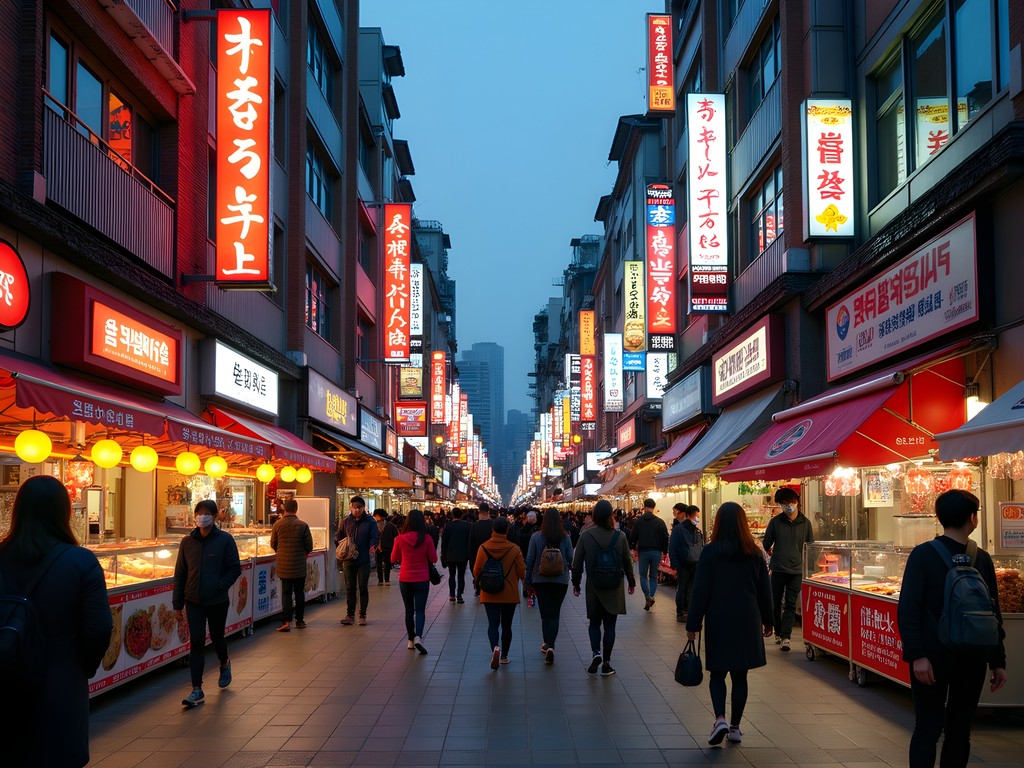 Vibrant evening scene in Seomyeon district with neon lights and street food vendors