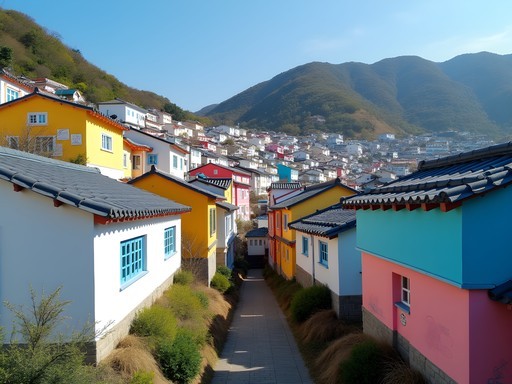 Panoramic view of Gamcheon Culture Village with colorful houses cascading down the hillside