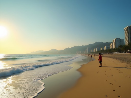 Early morning scene at Haeundae Beach with locals exercising and the curved shoreline visible