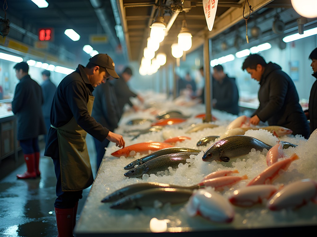 Early morning scene at Jagalchi Fish Market showing vendors preparing fresh seafood displays