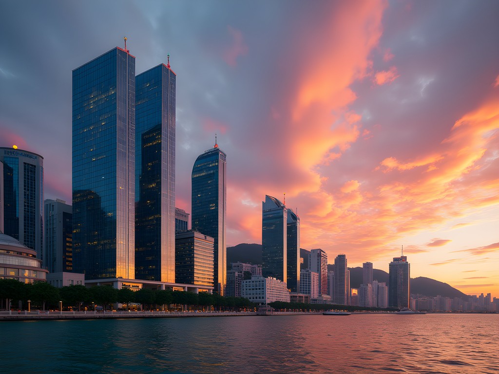 Sunset view of Marine City's modern skyscrapers along Haeundae coastline with dramatic sky