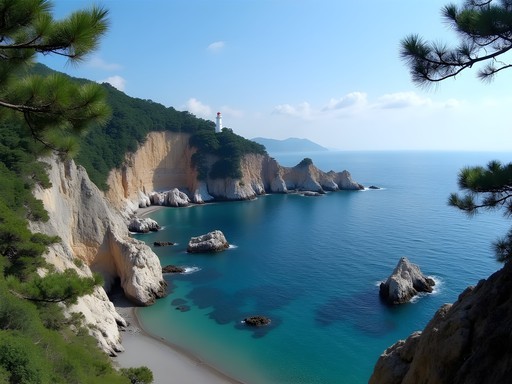 Dramatic cliff view from Taejongdae lighthouse showing the rocky coastline and East Sea