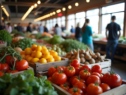 Colorful produce display at Calgary Crossroads Market with local Alberta vegetables