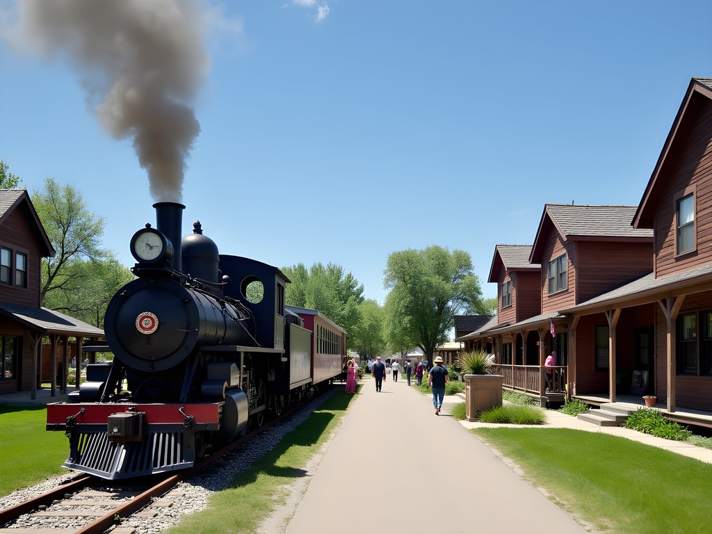 Historic steam train at Heritage Park Historical Village Calgary with period buildings