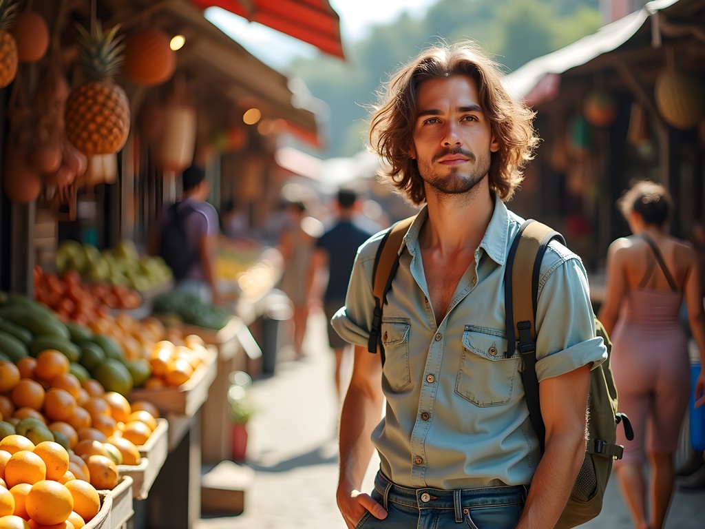 Traveler exploring colorful Mercado Alameda market in Cali Colombia with Afro-Colombian vendors and tropical fruits