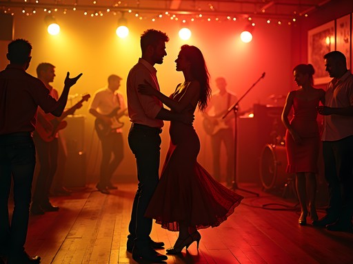 Couples salsa dancing in traditional Cali salsa club with colorful lights and energetic atmosphere
