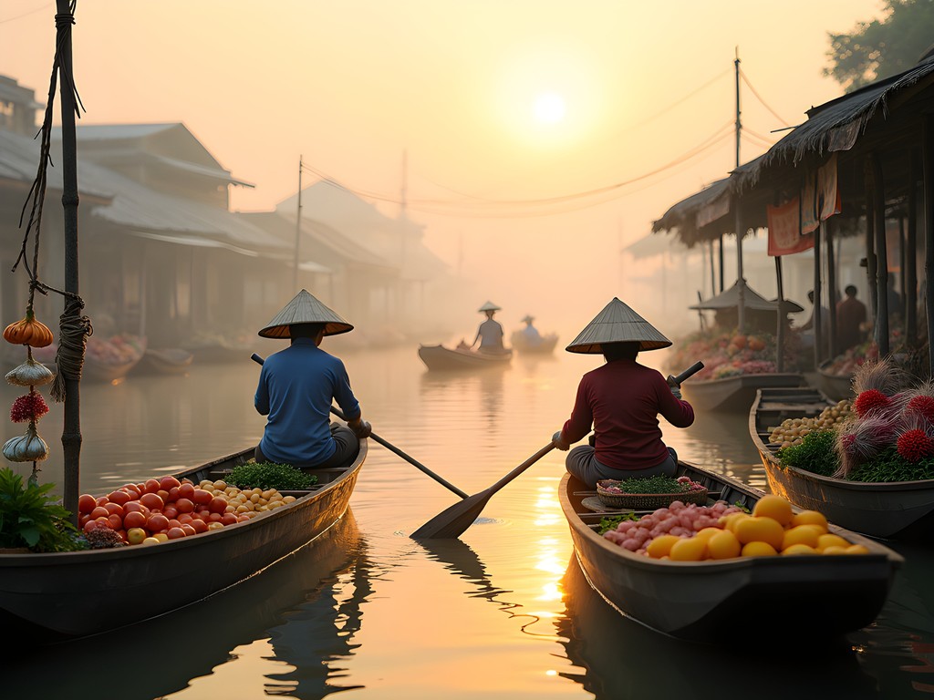Cai Rang floating market at dawn with colorful boats and produce displays