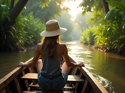 Solo female traveler photographing from small boat in Mekong Delta canals