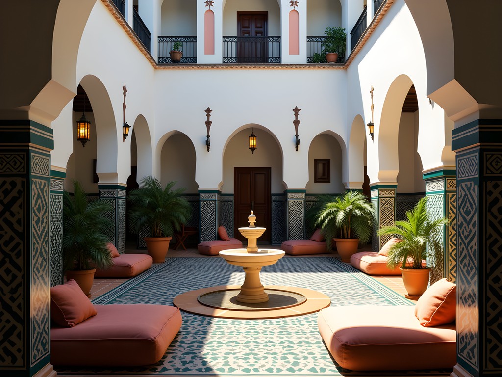 Traditional riad courtyard with fountain in Casablanca boutique hotel