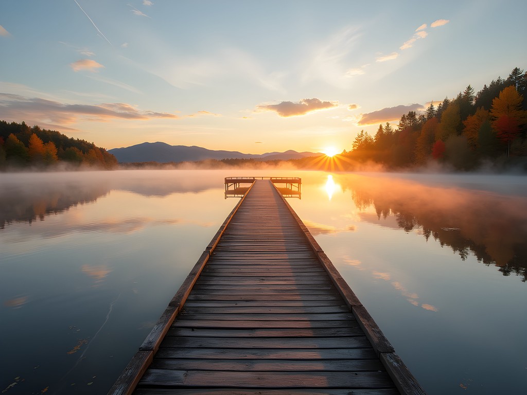 Island Line Trail causeway at sunrise with fall colors in Colchester, Vermont