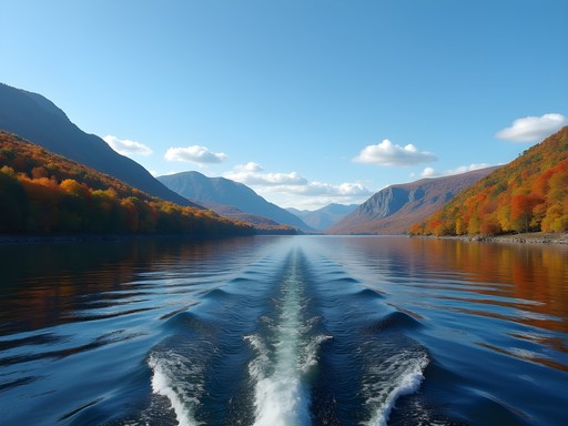View of Adirondack Mountains from Lake Champlain Ferry in autumn