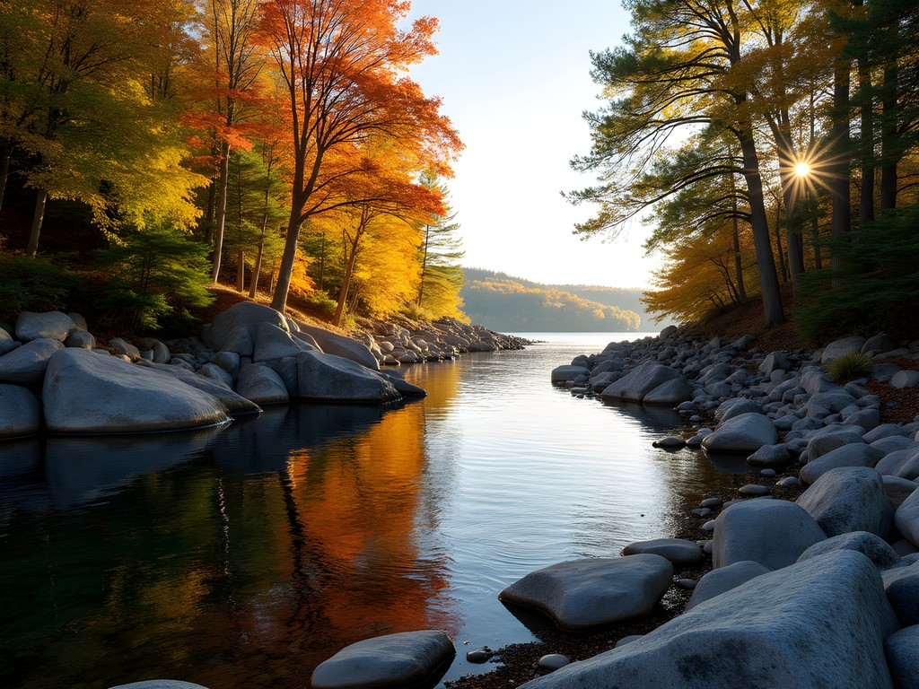 Secluded beach at Niquette Bay State Park with fall foliage in Colchester, Vermont