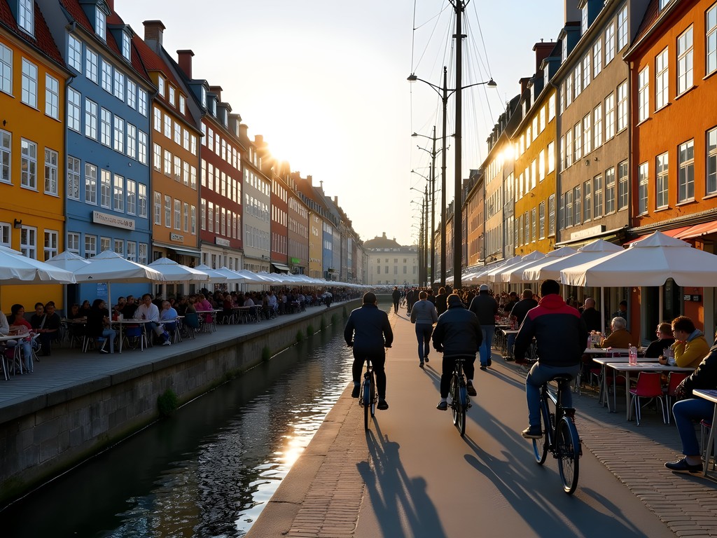 Dedicated bike lanes along colorful Nyhavn waterfront in Copenhagen