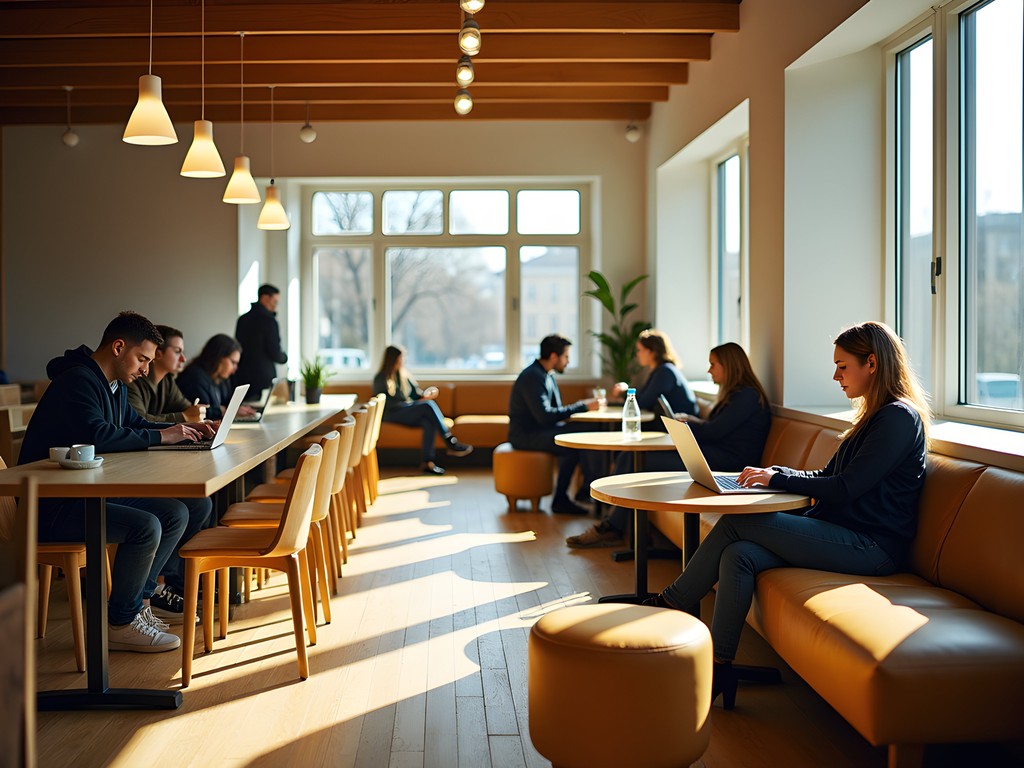 Stylish common area in Copenhagen design hostel with Scandinavian furniture
