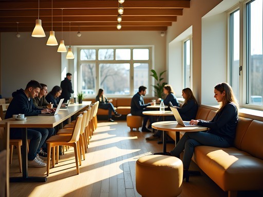 Stylish common area in Copenhagen design hostel with Scandinavian furniture
