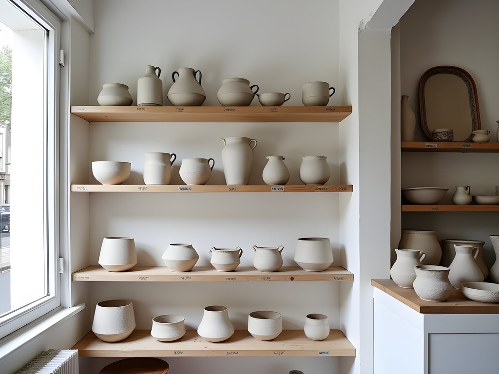 Interior of minimalist Danish design shop with customer examining ceramics