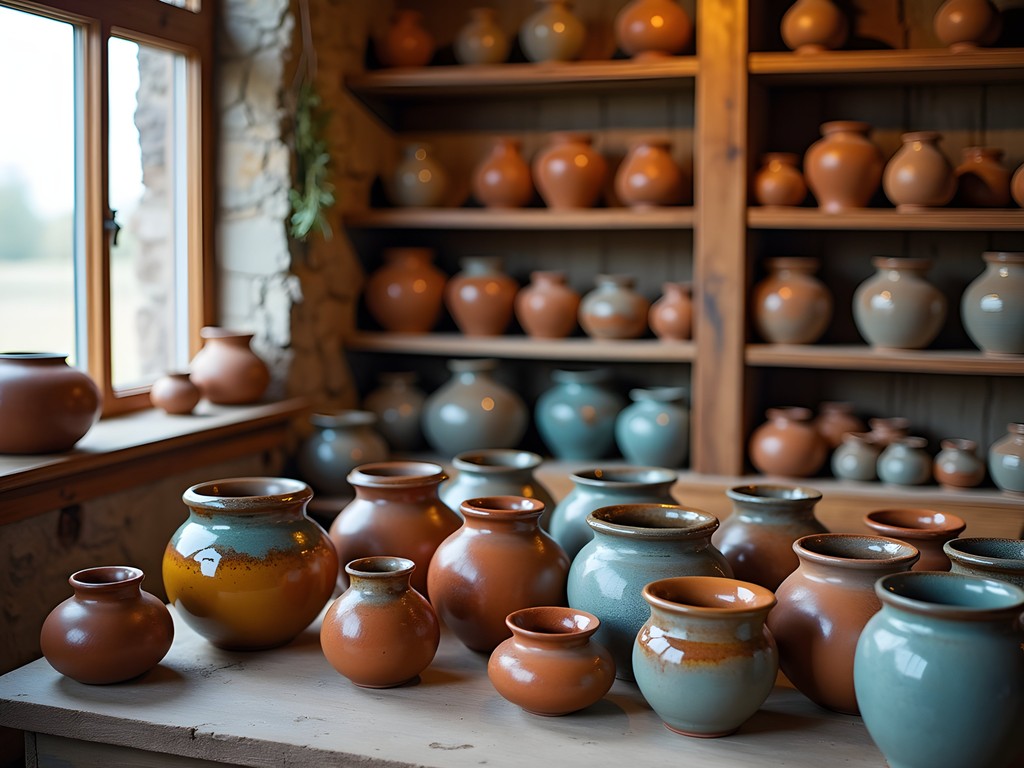 Local pottery studio in Dickinson area showing handmade ceramics with Badlands-inspired glazes