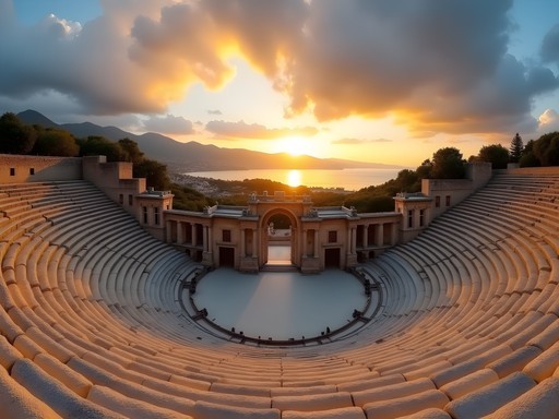 Solo traveler overlooking the grand theater of Ephesus at sunset with golden light