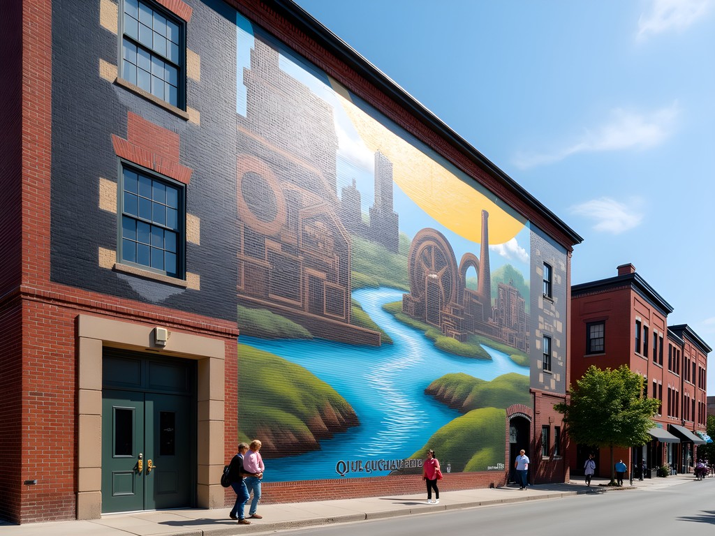 Colorful street mural depicting Fall River's industrial history on brick wall