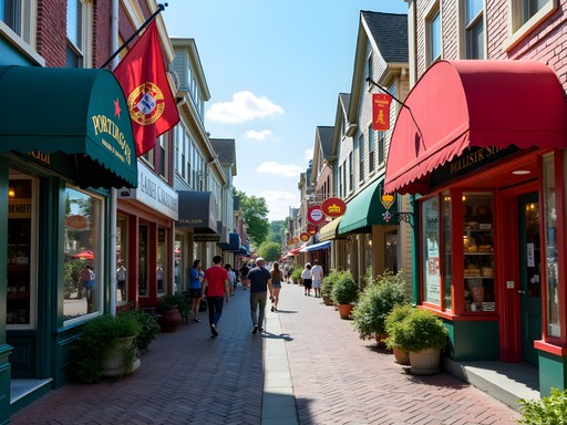 Colorful storefronts and Portuguese flags on Columbia Street in Fall River