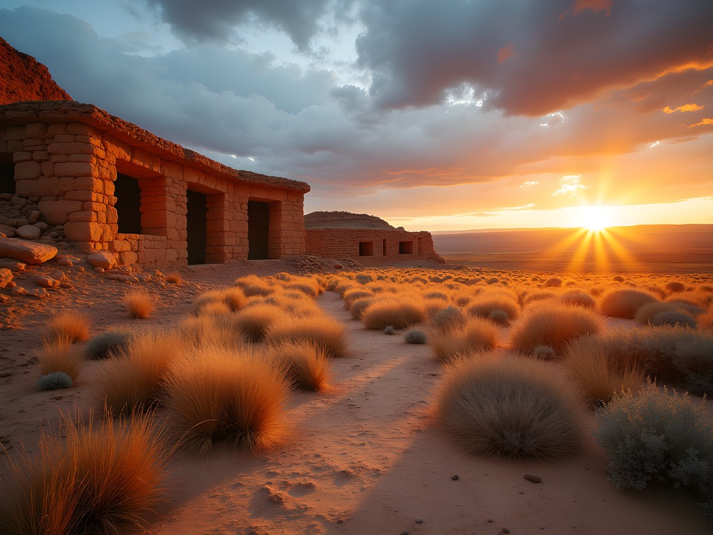 Ancient Puebloan ruins at Chaco Culture National Historical Park at sunrise