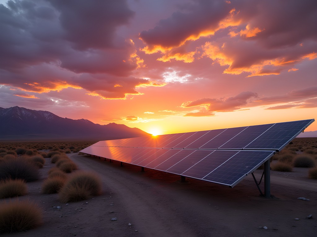 Solar panel installation near Farmington with dramatic sunset and desert landscape