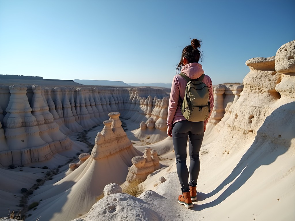 Dramatic hoodoo rock formations in Bisti Badlands New Mexico with solo hiker for scale