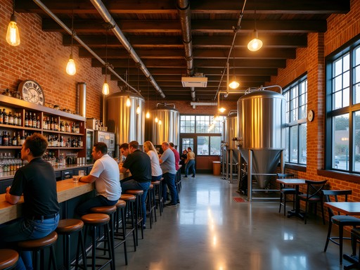 Three Rivers Brewery interior in Farmington New Mexico showing industrial architecture and brewing equipment