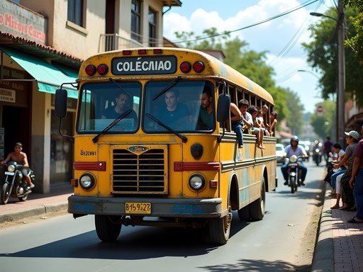 Colorful local colectivo bus navigating a busy street in Fernando de la Mora