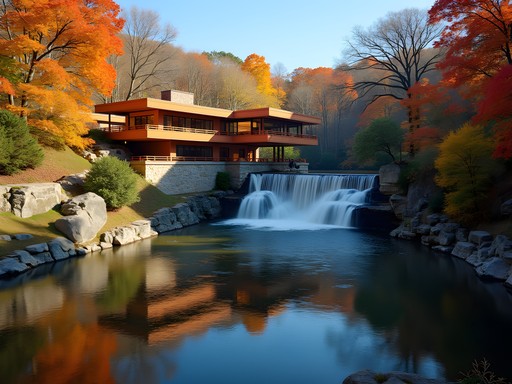 Frank Lloyd Wright's Fallingwater house surrounded by fall foliage