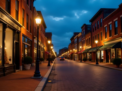 Historic Court Street in Florence, Alabama at twilight with autumn decorations