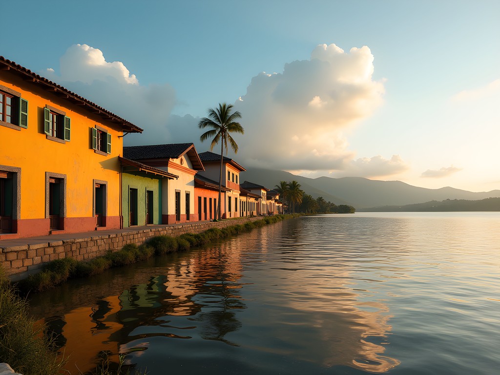 Colorful colonial buildings along the shoreline of Flores Island, Guatemala