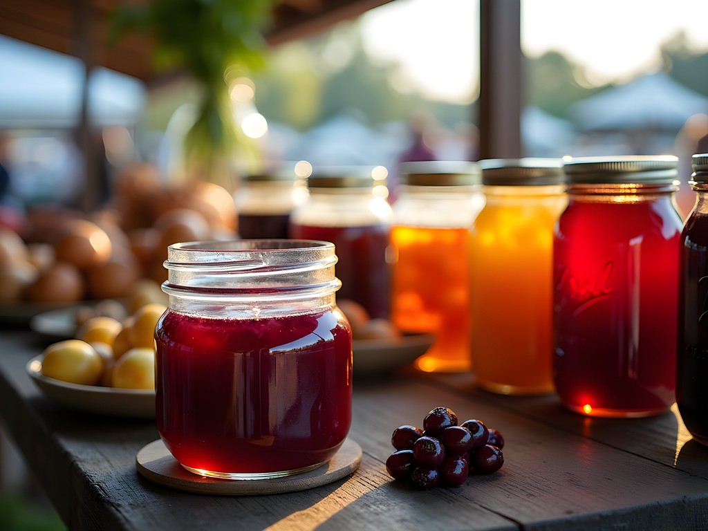 Colorful display of local produce and preserves at Grand Forks farmers market