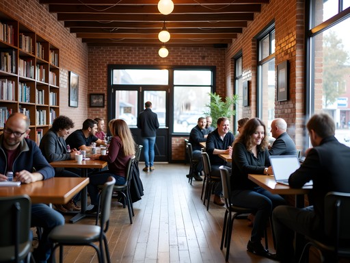 Interior of Urban Stampede Coffee House with diverse students studying