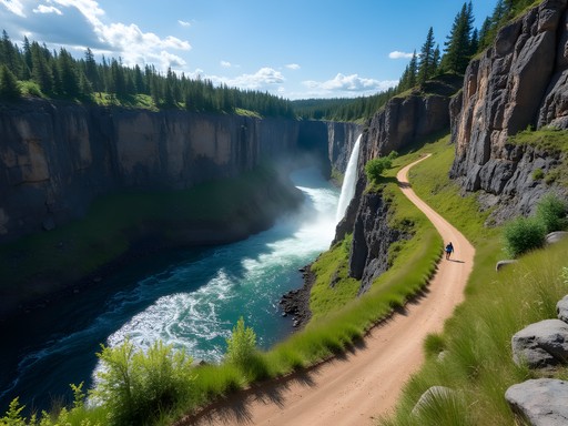 Solo hiker on canyon trail overlooking waterfalls in Great Falls Montana