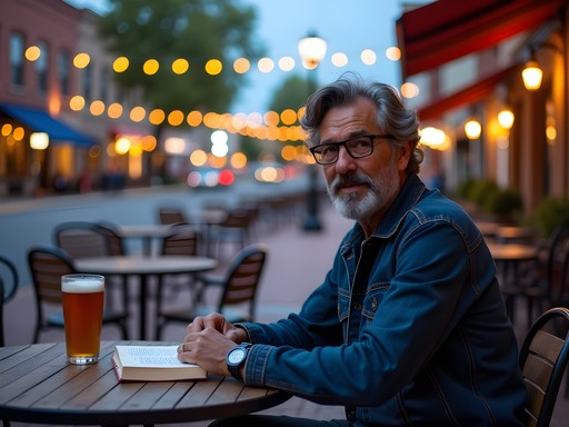 Historic downtown Great Falls Montana during summer evening with solo traveler at outdoor cafe