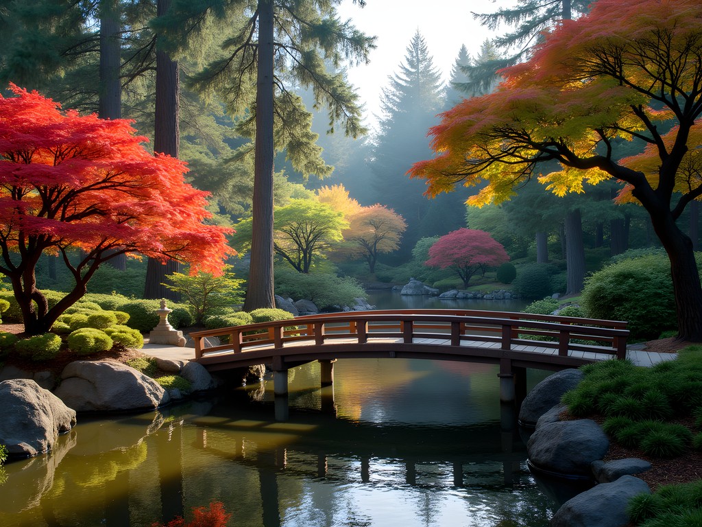 Wooden bridge over koi pond at Tsuru Island Japanese Garden in Gresham
