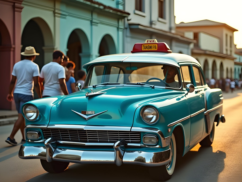 Vintage American car serving as a colectivo (shared taxi) in Guantánamo with passengers boarding