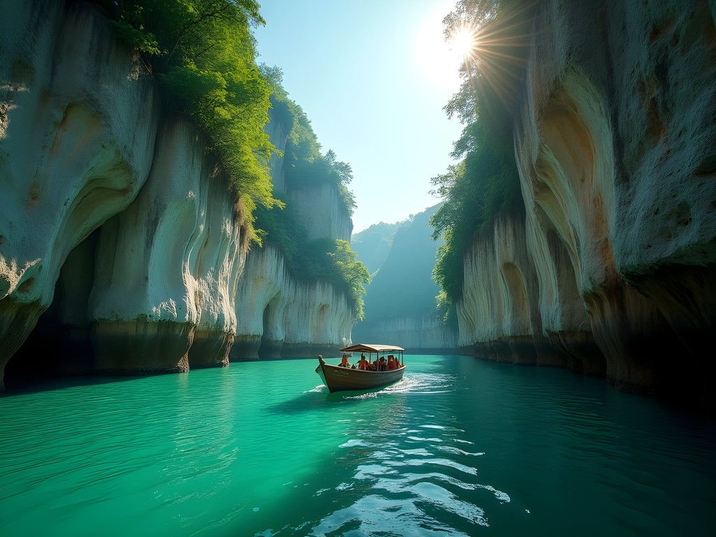 Boat tour through the dramatic limestone cliffs of Yumurí Canyon with emerald green water