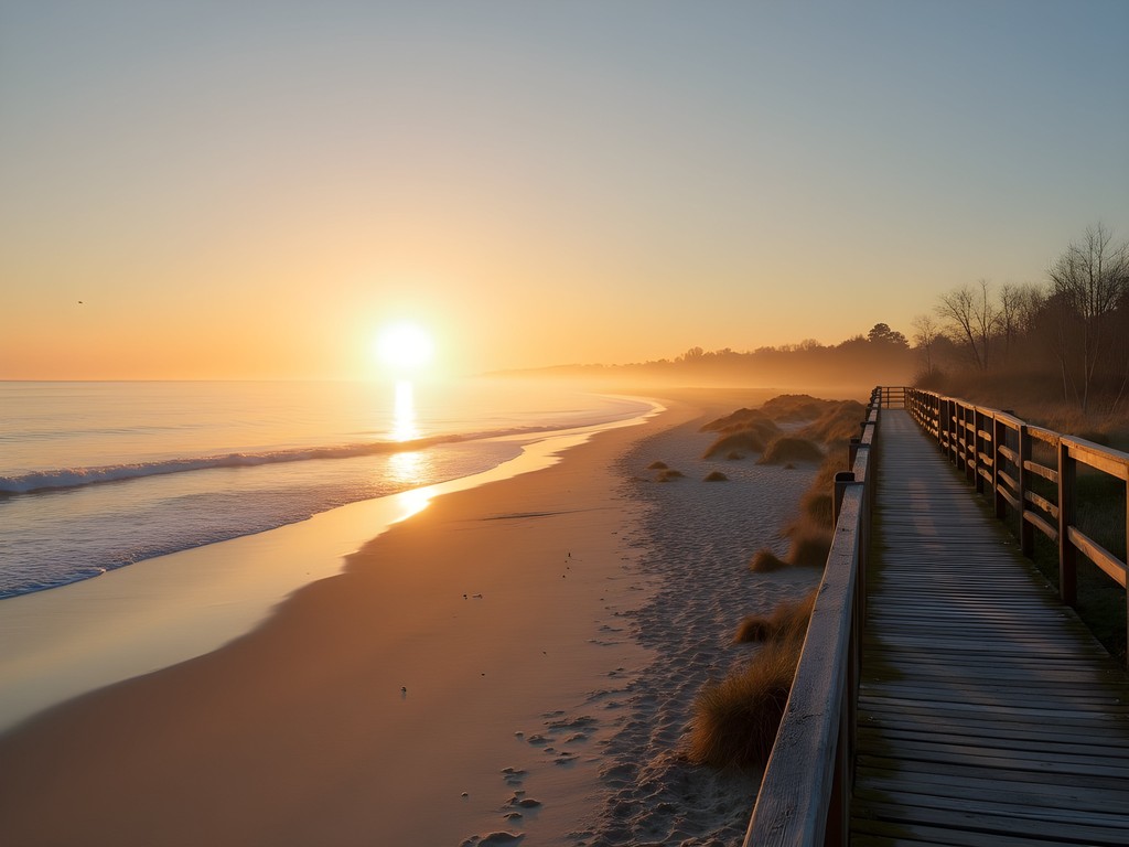 Solo traveler watching sunrise from peaceful Buckroe Beach in Hampton