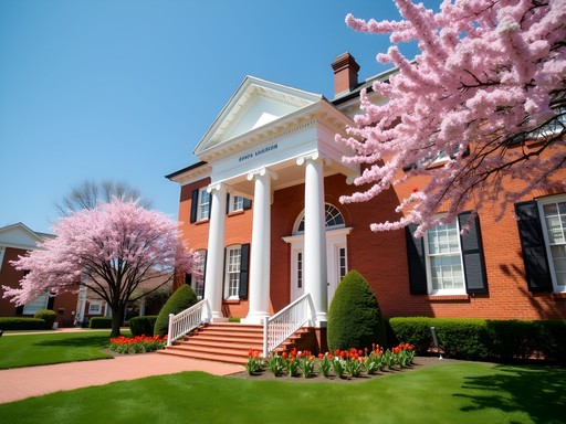 Historic brick exterior of Hampton History Museum with spring flowers